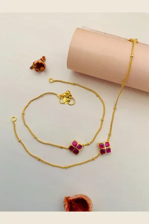 Anouk Set Of 2 Gold-Plated Kundan-Studded and Beaded Brass Anklet