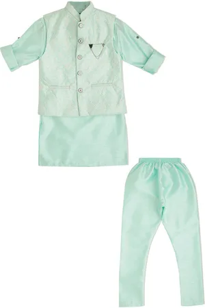 CAVIO Boys Floral Printed Thread Work Cotton Kurta With Pyjamas & Nehru Jacket