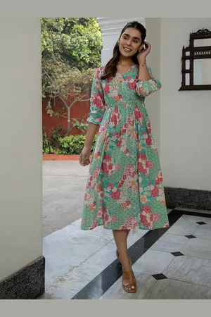 Janasya Sea Green Floral Printed Bell Sleeves Gathered Cotton Fit & Flare Midi Dress