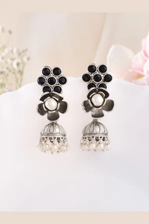 Dastoor Silver-Plated Stone Studded & Beaded Oxidised Floral Jhumkas