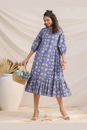 Janasya Blue Floral Printed Keyhole Neck Gathered Detailed Cotton A-Line Midi Dress