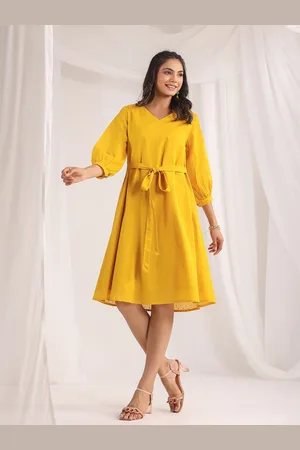 Janasya Yellow V-Neck Puff Sleeves Cotton A-Line Dress