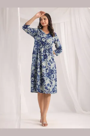 Janasya Floral Printed Ruched Cotton A-Line Dress