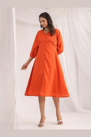 Janasya Orange-Coloured Self Design V-Neck Puff Sleeves Dobby Cotton A-Line Midi Dress