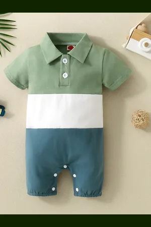 Stylecast Infants Boys Green Colourblocked Shirt Collar Rompers