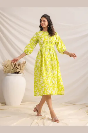 Janasya Yellow Floral Printed Puff Sleeves Gathered Detailed Cotton Fit & Flare Midi Dress