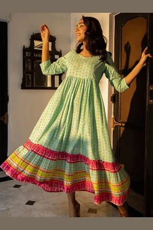 Janasya Floral Printed V-Neck Gathered Cotton Maxi Dress
