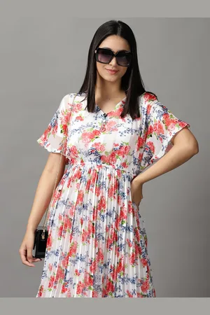 SHOWOFF Women White & Coral Floral Printed Midi Dress