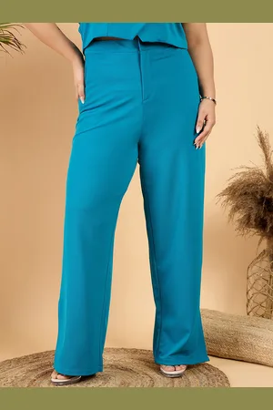 CURVY STREET Women Plus Size Teal Blue Straight Fit Mid-Rise Plain Regular Trousers