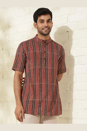 Fabindia Geometric Printed Band Collar Cotton Straight Kurta