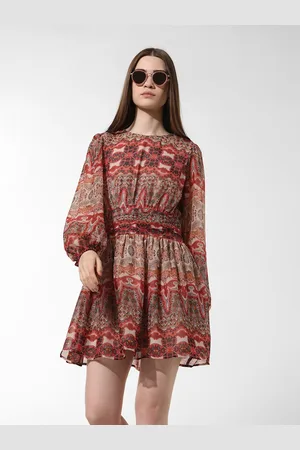 ONLY Ethnic Motifs Printed Puff Sleeves Mini Fit & Flare Dress