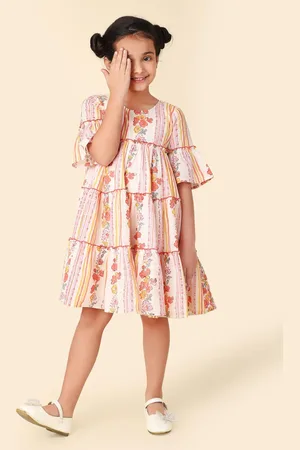 Fabindia Girls Floral Printed Bell Sleeves Gathered Tiered Cotton A-Line Dress