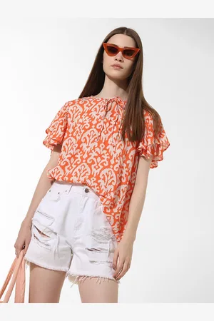 ONLY Ethnic Motifs Print Tie-Up Neck Short Flared Sleeve Top