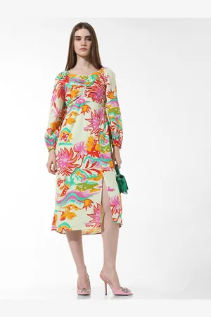 ONLY Floral Printed V-Neck Ruched A-Line Midi Dress