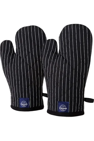 Encasa Homes Black 2 Pieces Striped Pure Cotton Butcher Oven Gloves