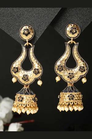 ADIVA Gold-Plated Pearl Beaded Meenakari Dome Shaped Jhumkas