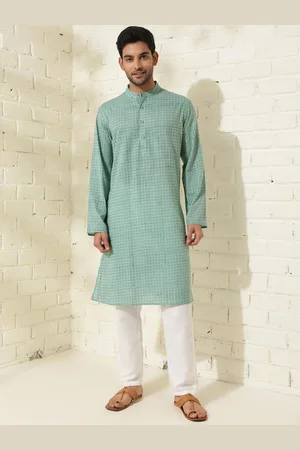 Fabindia Geometric Printed Comfort Fit Band Collar Cotton Straight Kurta