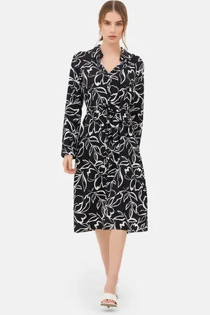 Kazo Floral Printed Shirt Collar Belted Shirt Midi Dress
