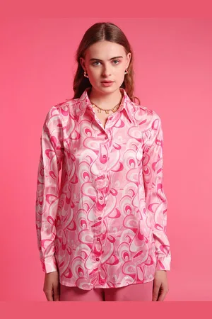 Kazo Spread Collar Abstract Printed Satin Shirt Style Barbie Top