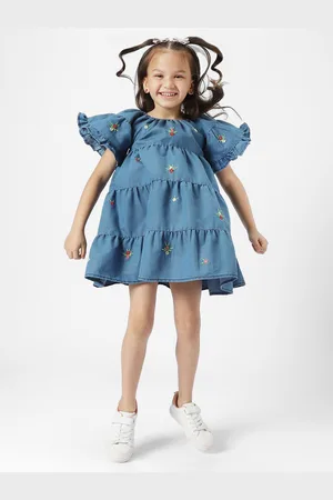 Nauti Nati Girls Floral Embroidered Gathered Detailed Pure Cotton Tiered A-Line Dress