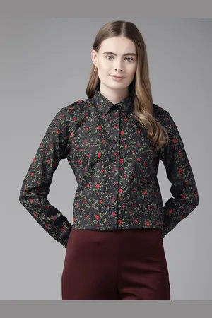 English Navy Women Floral Printed Formal Shirt