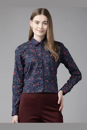 English Navy Women Floral Printed Formal Shirt