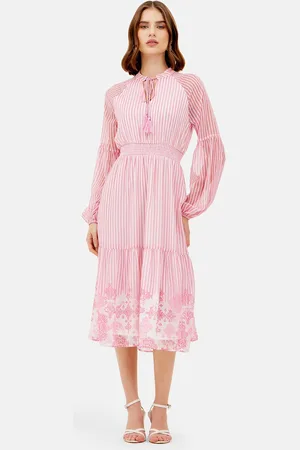 Kazo Striped Tie-Up Neck Satin Fit & Flare Midi Dress