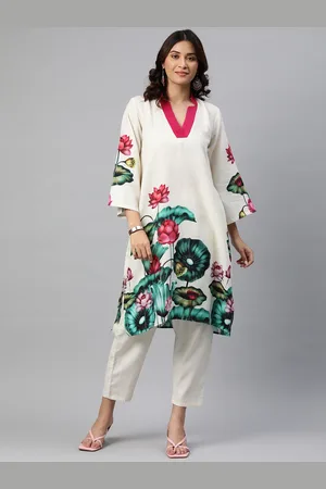BUTA BUTI Floral Printed Beads & Stones Flared Sleeves Pure Cotton Kurta with Trousers
