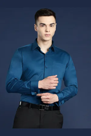 HANCOCK Premium Slim Fit Spread Collar Pocket Cotton Satin Formal Shirt