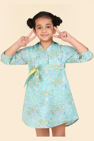 Fabindia Girls Floral Printed Shirt Collar Tie-Ups Cotton A-Line Dress
