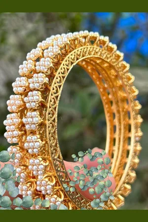 Mansiyaorange Set Of 2 Gold-Plated Beaded Pacheli Bangles