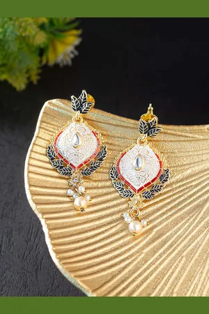 Golden Peacock Gold-Toned & Maroon Leaf Shaped Drop Earrings