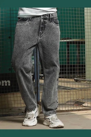 HERE&NOW Grey Men Mid-Rise Loose Relaxed Fit Heavy Fade Cotton Jeans