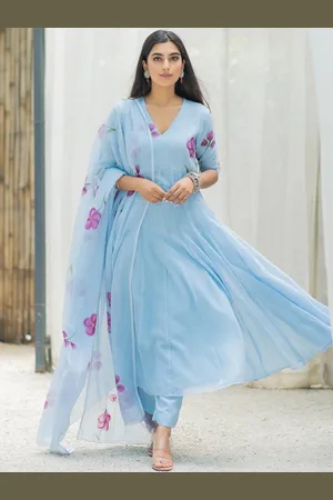 Ambraee Floral V-Neck Empire Anarkali Kurta With Trousers & Dupatta
