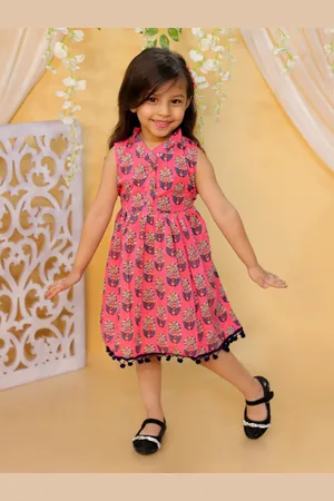 BownBee Girls Floral Printed Mandarin Collar Pom-Pom Detail Cotton Fit & Flare Midi Dress