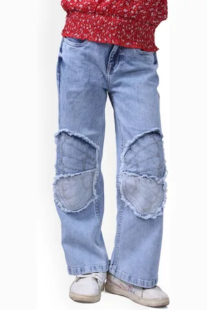 HERE&NOW Girls Straight Fit Mid Rise Low Distress Heavy Fade Stretchable Jeans