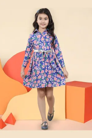 BAESD Girls Floral Printed Shirt Collar Cotton Fit & Flare Dress