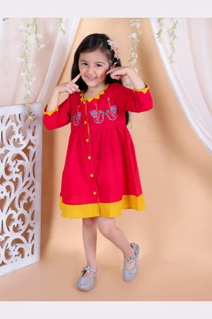 BownBee Girls Round Neck Long Sleeves Embroidered Pure Cotton A-Line Dress