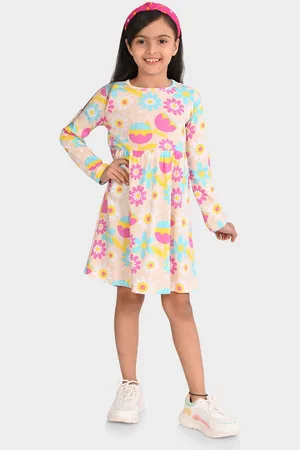 BONKIDS Girls Floral Print Cotton Fit & Flare Dress