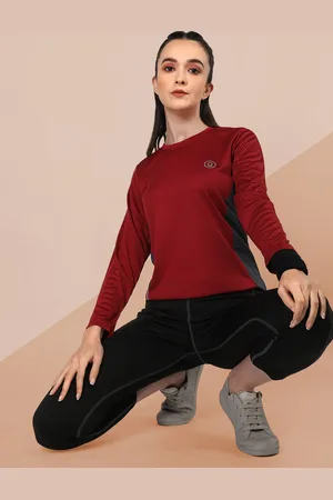 CHKOKKO Women Red & Grey Colourblocked Round Neck Yoga T-shirt