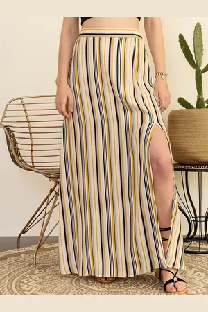 Berrylush Beige Striped High Rise Slit Flared Maxi Skirt