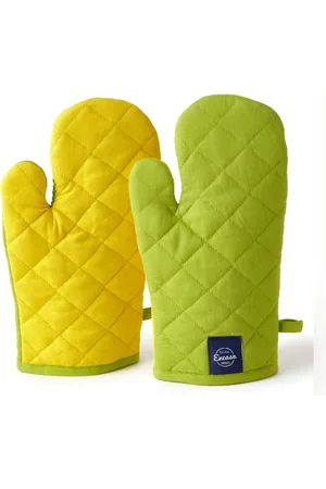Encasa Homes Lime Green & Yellow 2 Pieces Heat Protection Quilted Cotton Oven Gloves