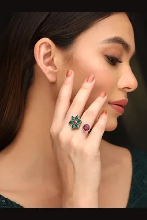 Priyaasi Silver-Plated Artificial Stones Studded Enchanting Floral Adjustable Finger Ring