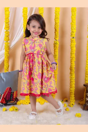 BownBee Girls Floral Printed Mandarin Collar Pom-Pom Detail Cotton Fit & Flare Midi Dress