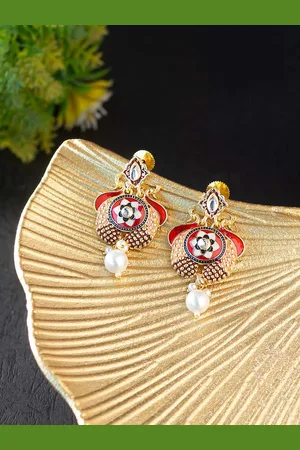 Golden Peacock Maroon & Gold-Toned Peacock Shaped Drop Earrings