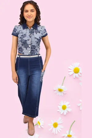 CUTECUMBER Girls Floral Printed Shirt Collar Top With Jeans