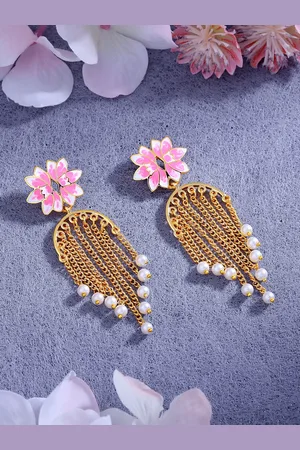 ESTELE Women Gold-Plated Pearl Studded Floral Drop Earrings
