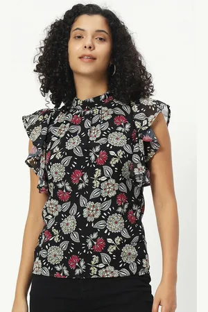 CHARMGAL Floral Printed Mandarin Collar Flutter Sleeve Georgette Top