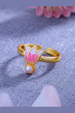 ESTELE Women Gold-Plated Enamelled Floral Design Pearl Studded Adjustable Finger Ring