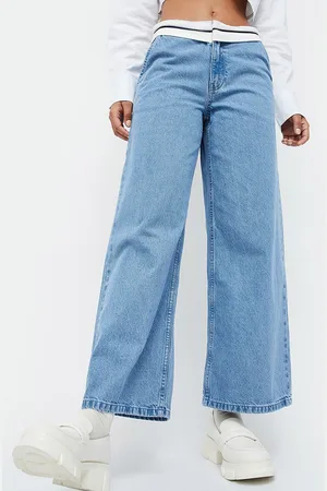 Lifestyle Women Wide Leg Mid-Rise Medium Shade Clean Look Pure Cotton Jeans